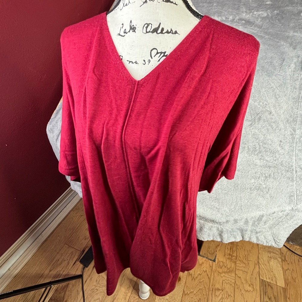 J. Jill Poncho Sweater Womens One Size Red Merino Wool Tencel V-Neck Knit Slits